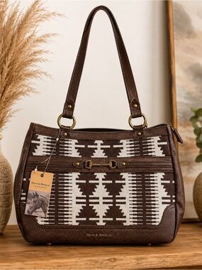 NWT Western Aztec chic big Shoulder Bag multiple pockets zip brown white rodeo